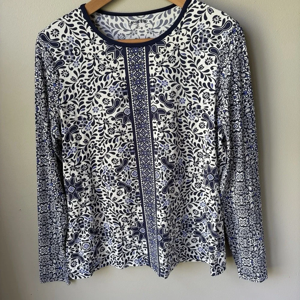 Lands End batik Rash Guard UPF Swim Shirt Long Sleeve Blue Bombay Size M 10-12